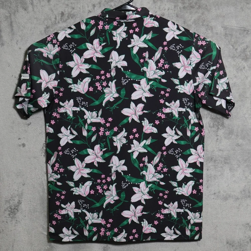 Waggle Polo Shirt Mens Large Black Pink Floral Golf Performance Stretch Jersey - Picture 4 of 8